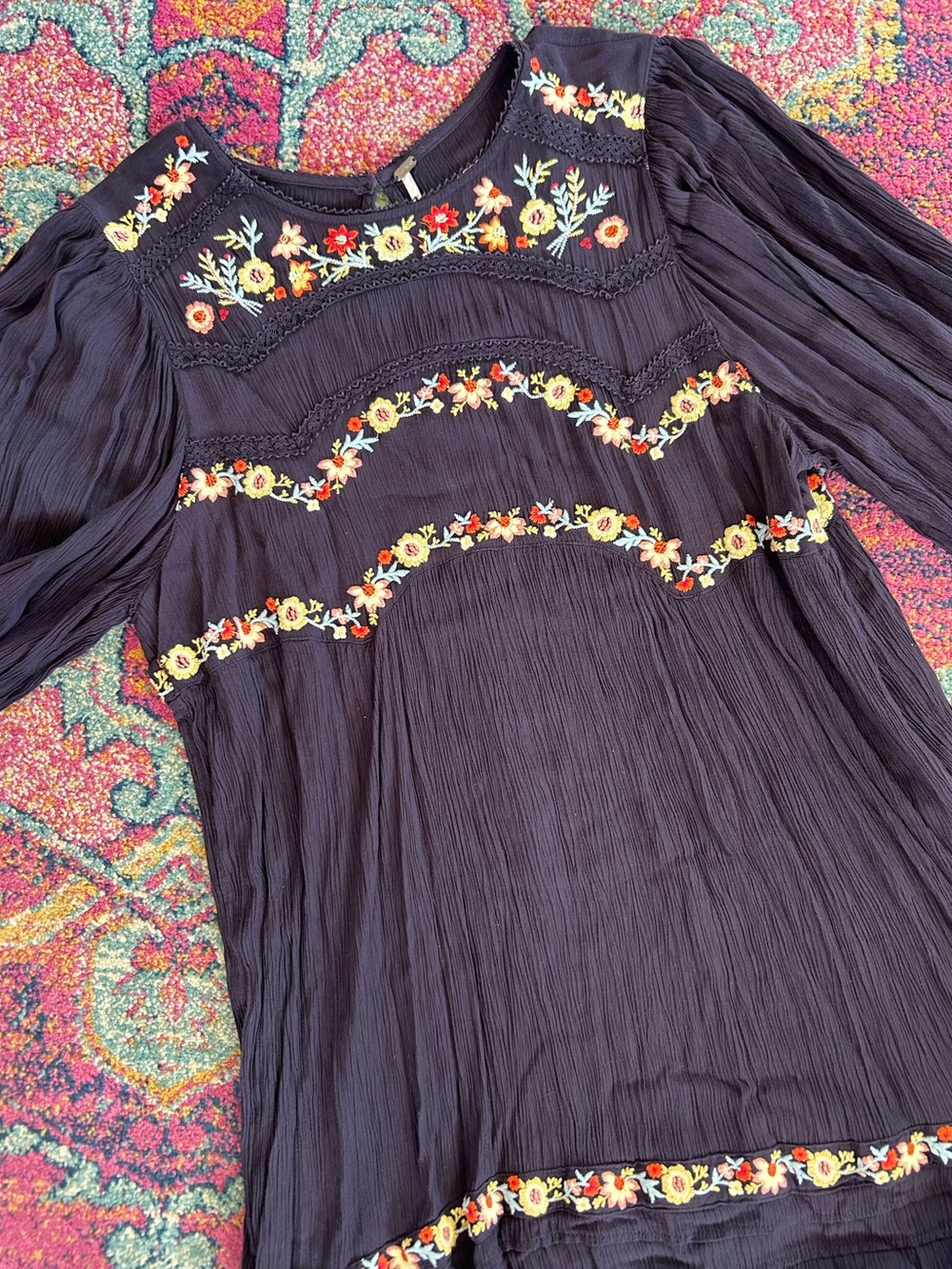 Free People | Women’s Black Floral Embroidered Long Sleeve Boho Pasadena Dress M - Picture 9 of 16